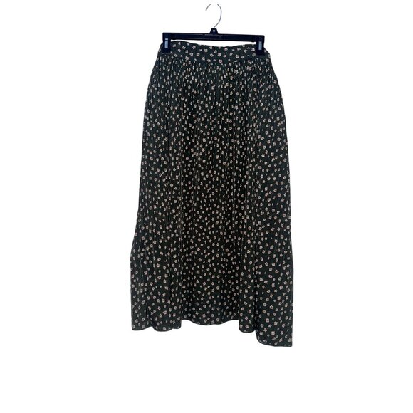 New Collection Dresses & Skirts - Floral Pleated Midi Skirt Green With Pink & White Flowers Large 100% Cotton Vint